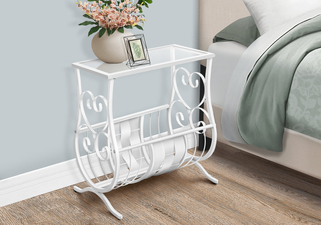 ACCENT TABLE - ANTIQUE WHITE METAL WITH TEMPERED GLASS