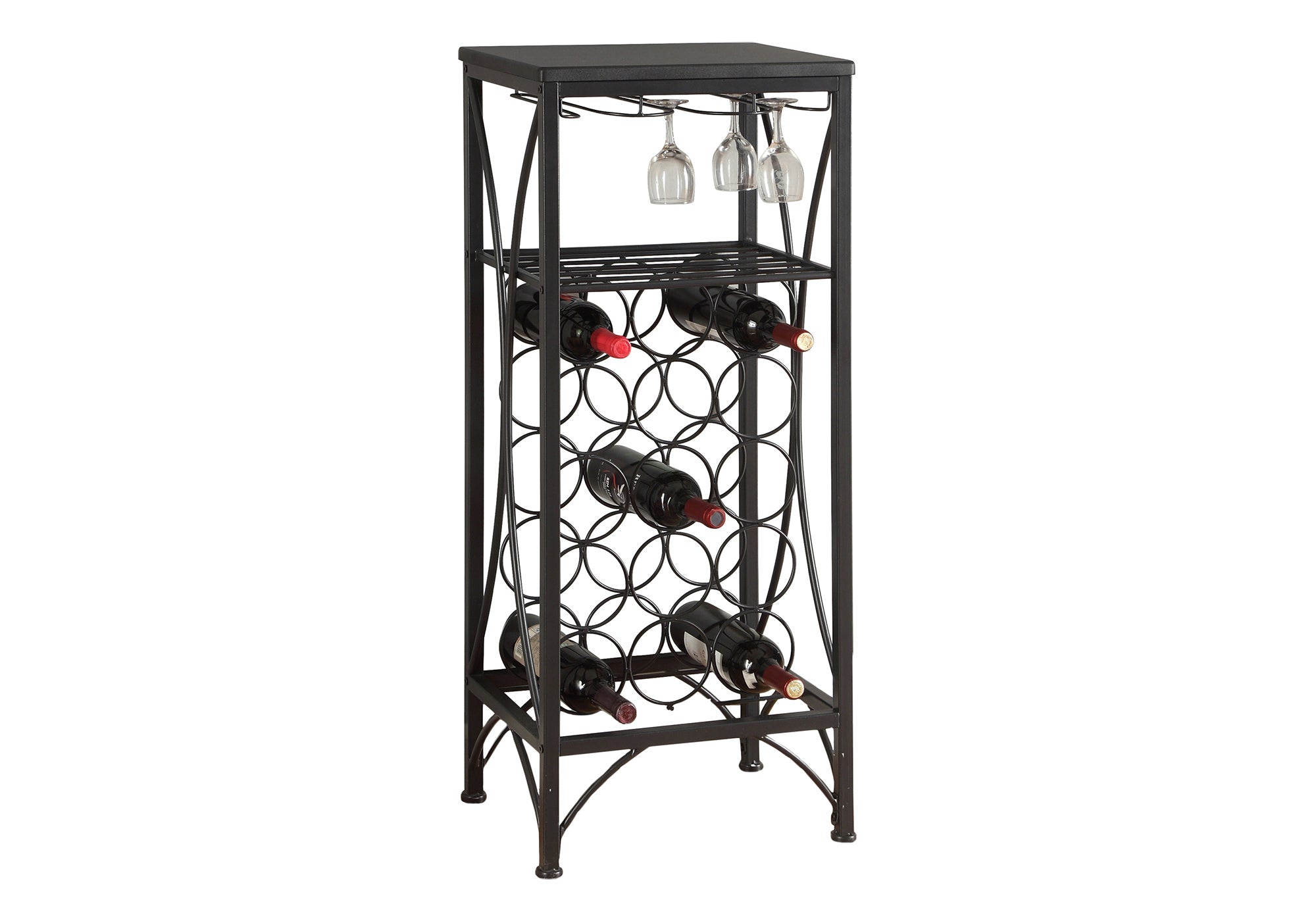 HOME BAR - 40""H / BLACK METAL WINE BOTTLE AND GLASS RACK