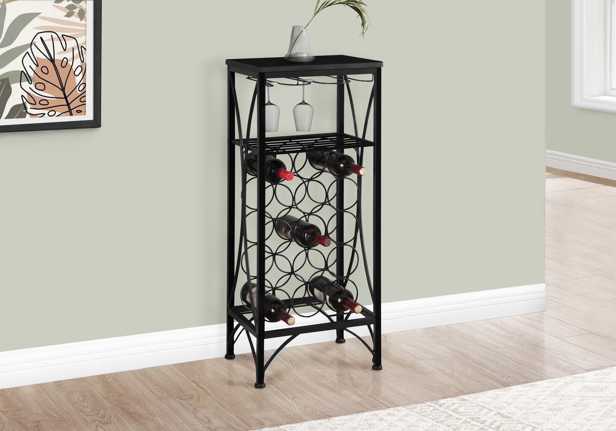 HOME BAR - 40""H / BLACK METAL WINE BOTTLE AND GLASS RACK