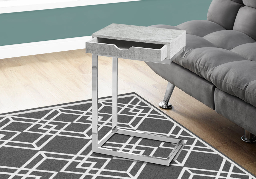 ACCENT TABLE - CHROME METAL / GREY CEMENT WITH A DRAWER