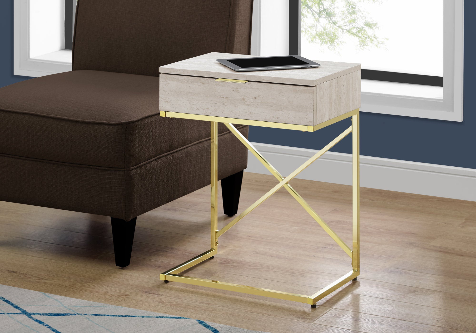 ACCENT TABLE - 24""H / BEIGE MARBLE / GOLD METAL