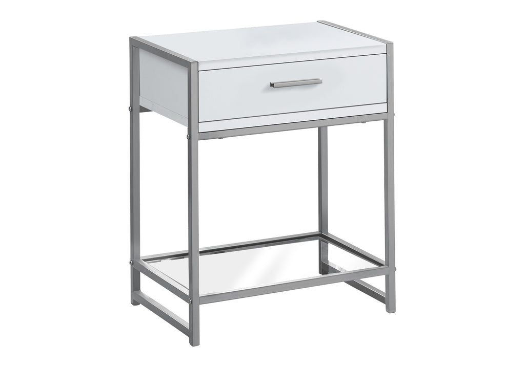 ACCENT TABLE - 22""H / WHITE/ SILVER METAL/ TEMPERED GLASS