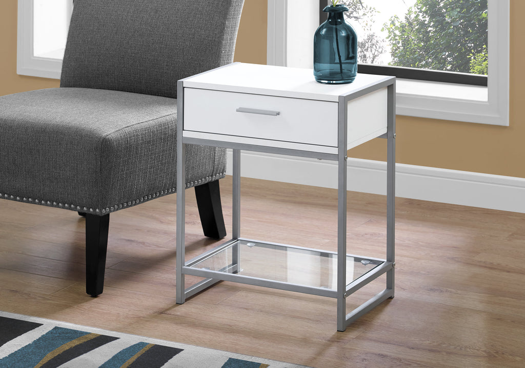 ACCENT TABLE - 22""H / WHITE/ SILVER METAL/ TEMPERED GLASS
