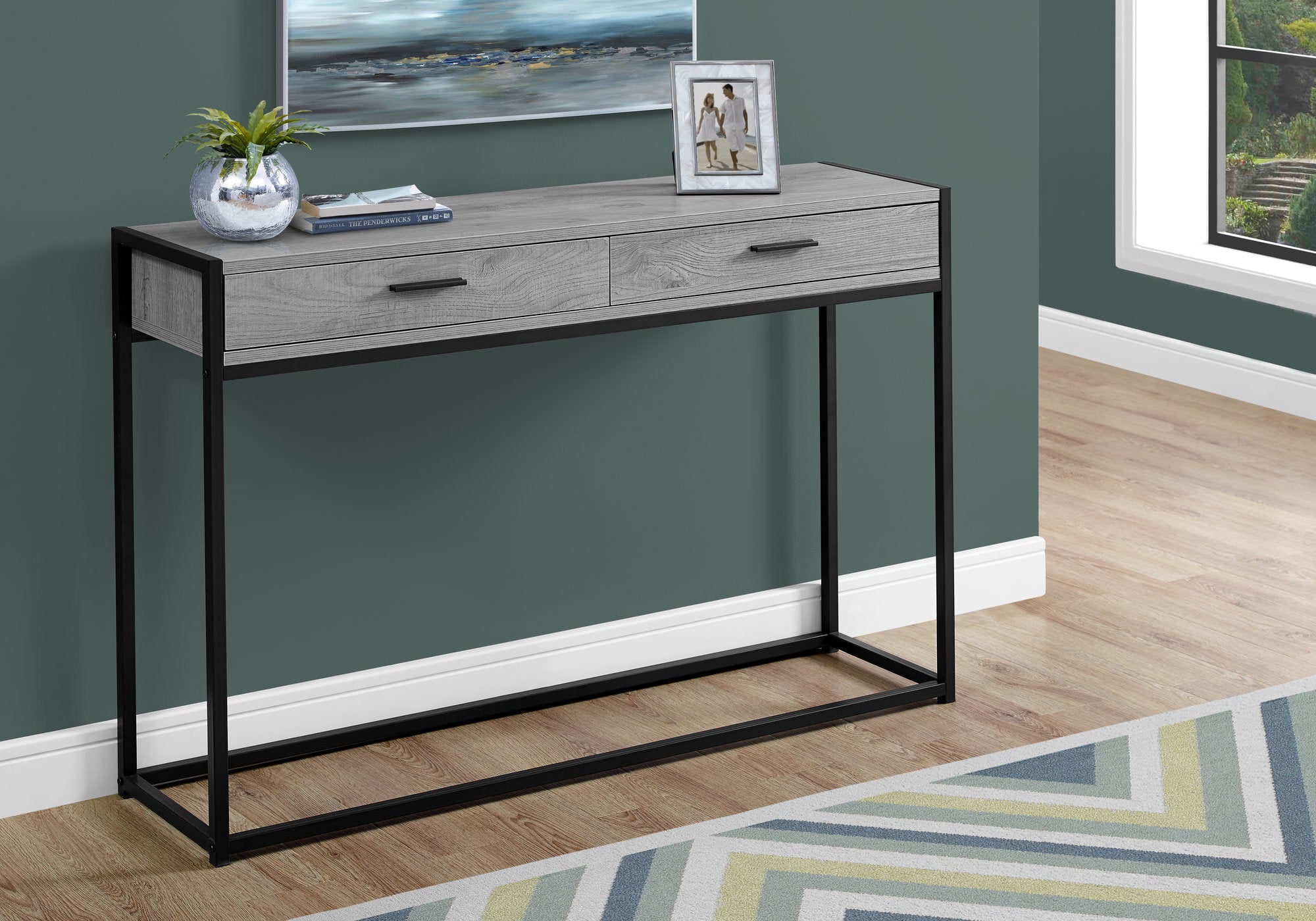 ACCENT TABLE - 48""L / GREY / BLACK METAL HALL CONSOLE