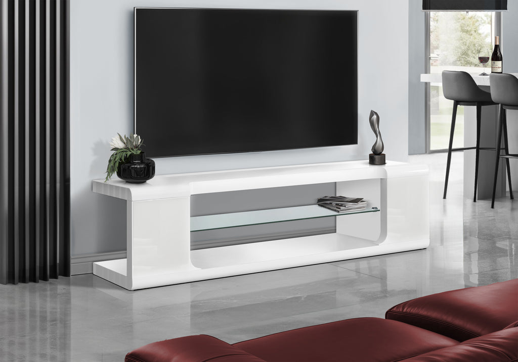 TV STAND - 60""L / HIGH GLOSSY WHITE WITH TEMPERED GLASS