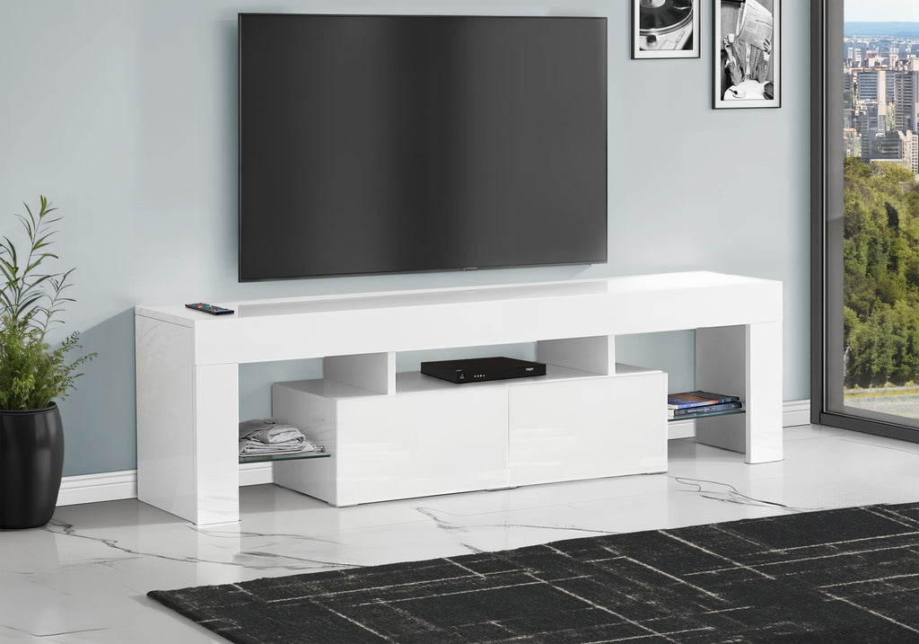 TV STAND - 63""L / HIGH GLOSSY WHITE WITH TEMPERED GLASS