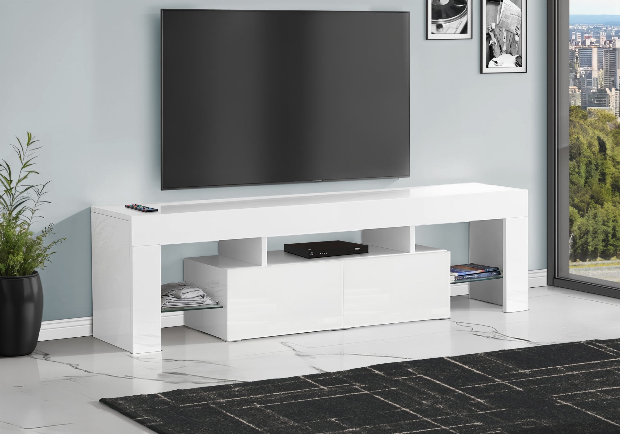 TV STAND - 63""L / HIGH GLOSSY WHITE WITH TEMPERED GLASS