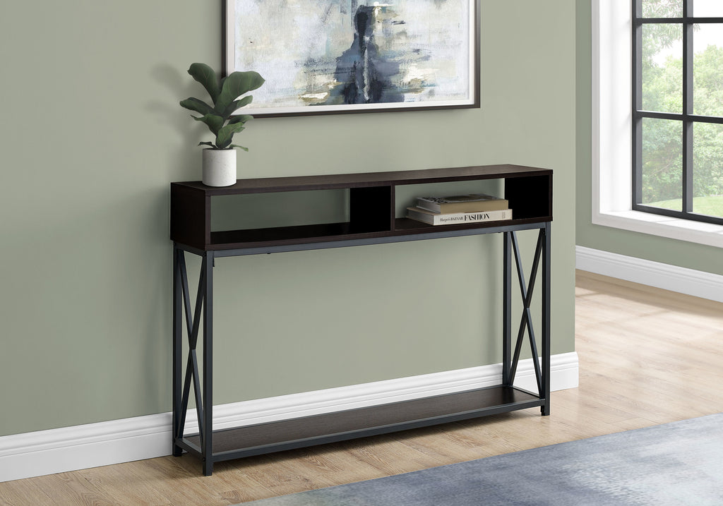 ACCENT TABLE - 48""L / ESPRESSO / BLACK METAL HALL CONSOLE