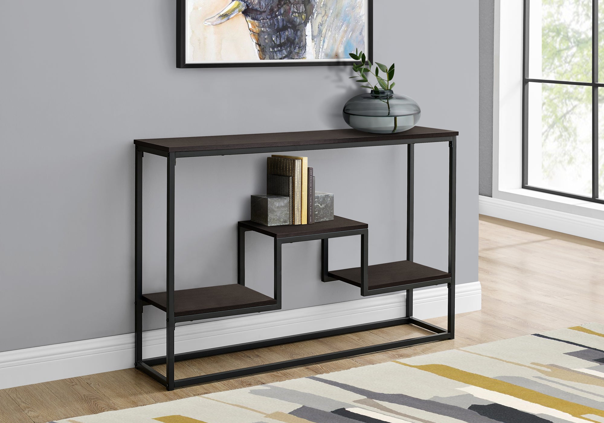 ACCENT TABLE - 48""L / ESPRESSO / BLACK METAL HALL CONSOLE