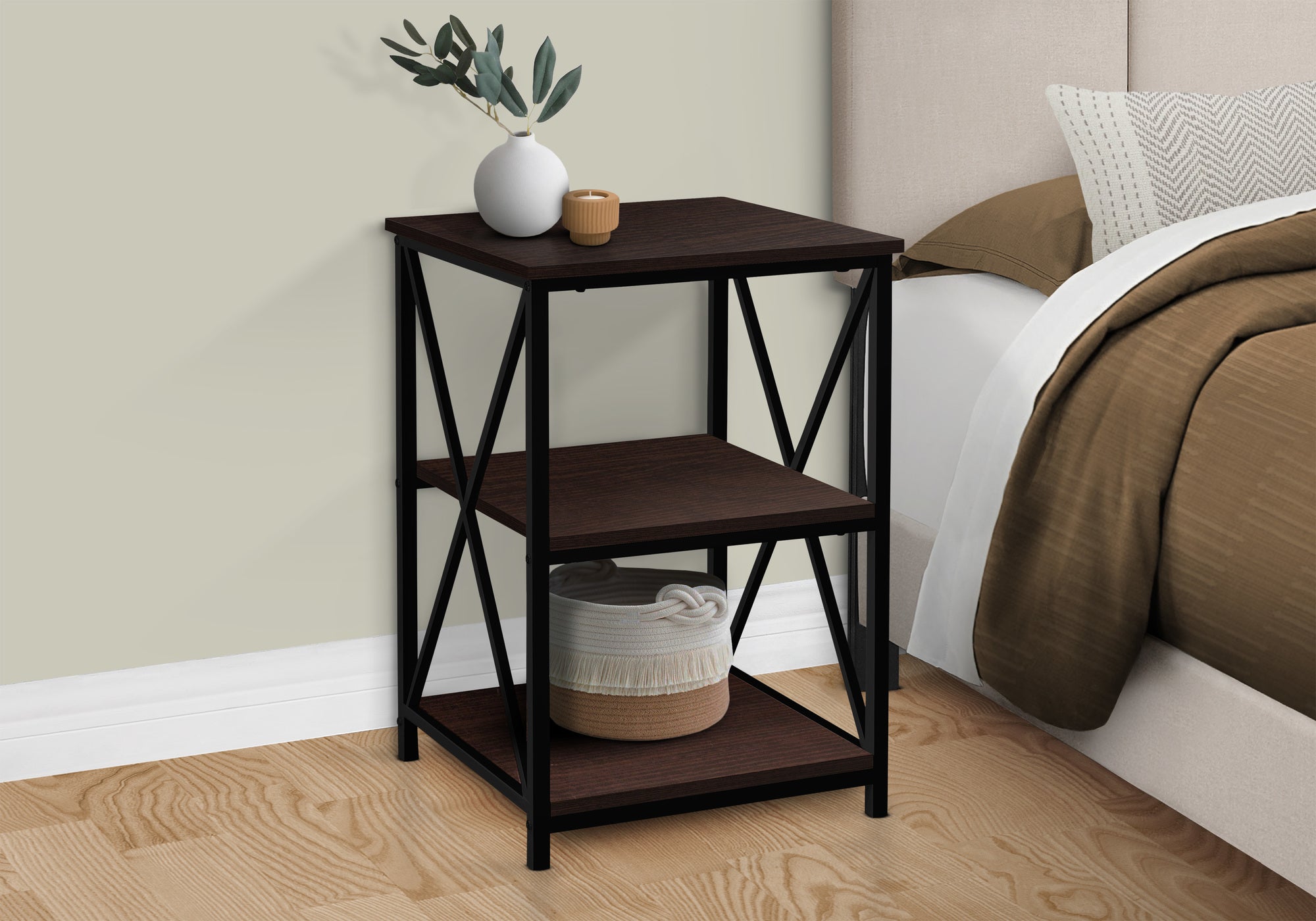 ACCENT TABLE - 26""H / ESPRESSO / BLACK METAL