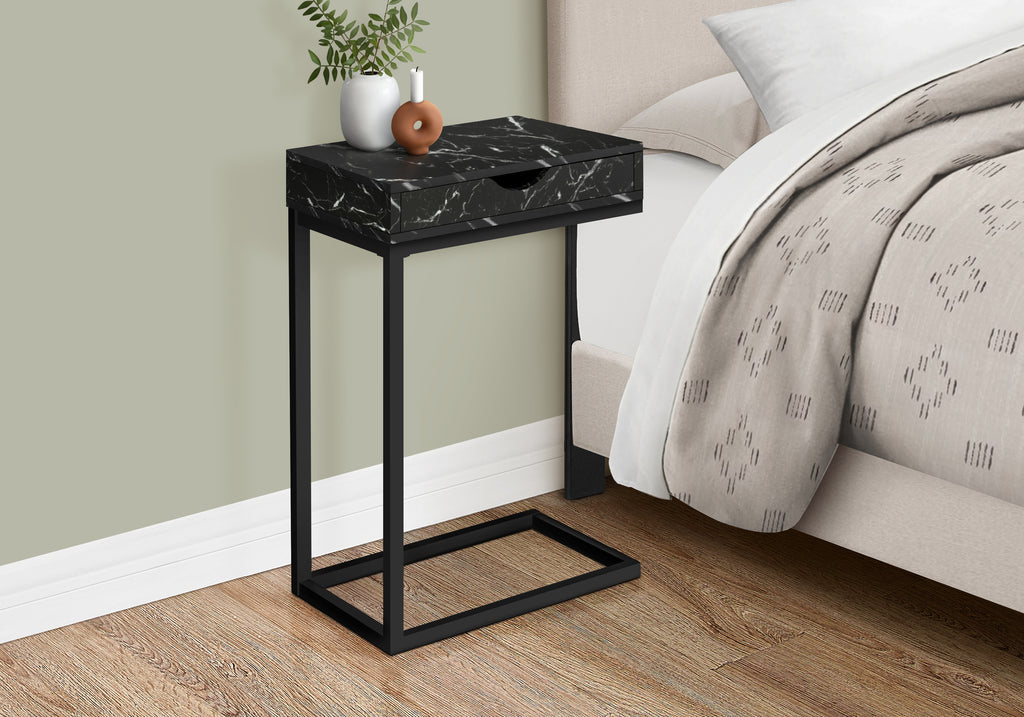 ACCENT TABLE - BLACK MARBLE / BLACK METAL WITH A DRAWER