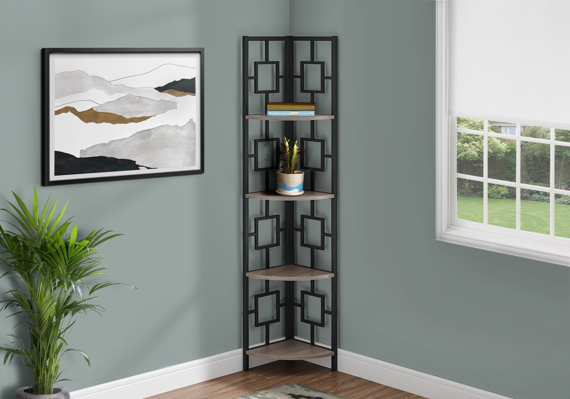 BOOKCASE - 62""H / DARK TAUPE / BLACK METAL CORNER ETAGERE
