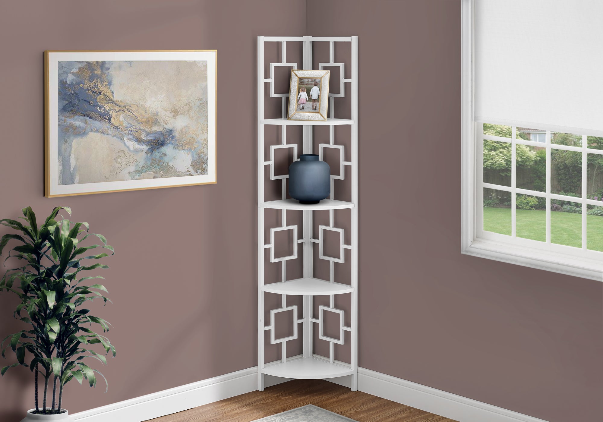 BOOKCASE - 62""H / WHITE / WHITE METAL CORNER ETAGERE
