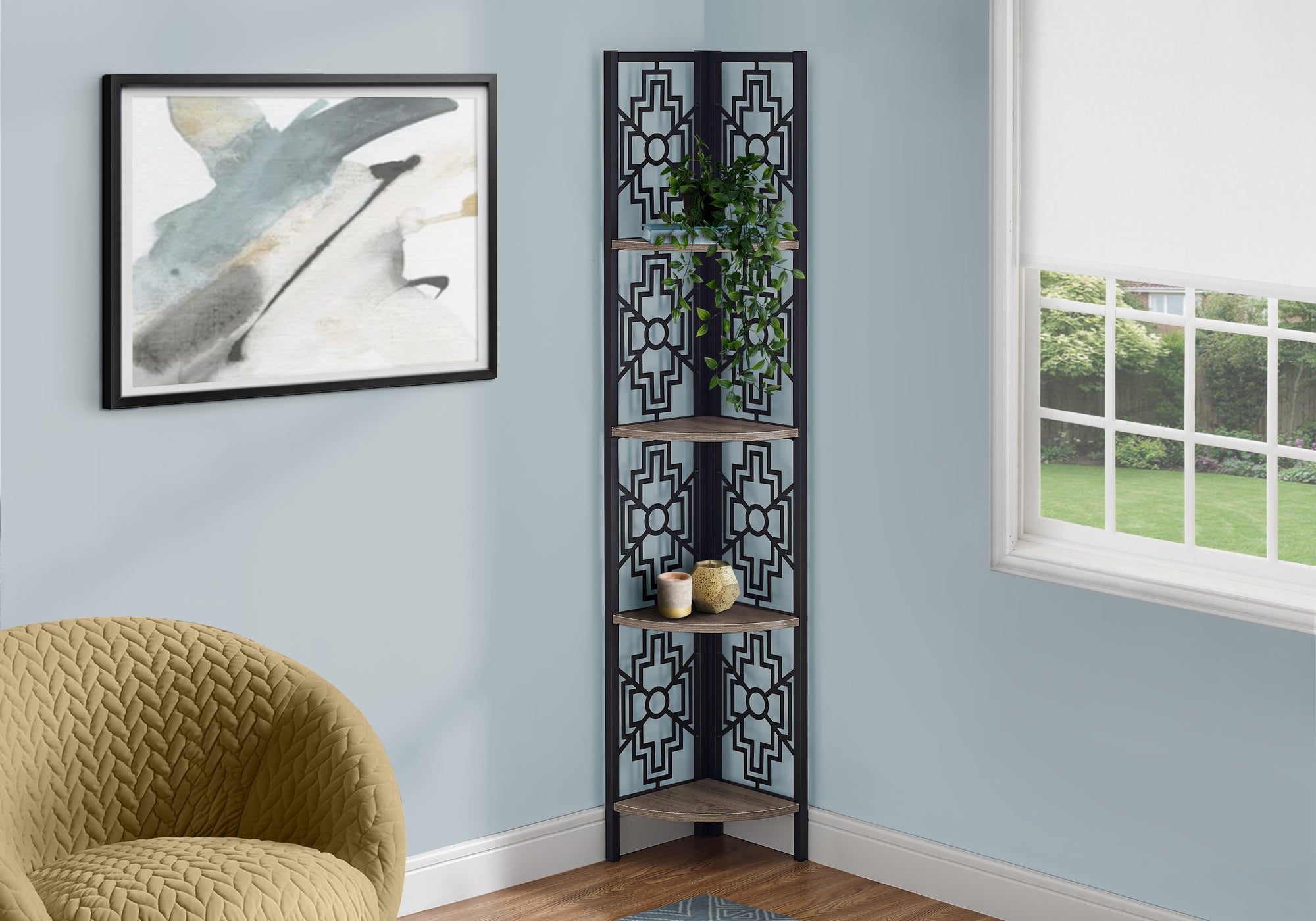 BOOKCASE - 62""H / DARK TAUPE / BLACK METAL CORNER ETAGERE