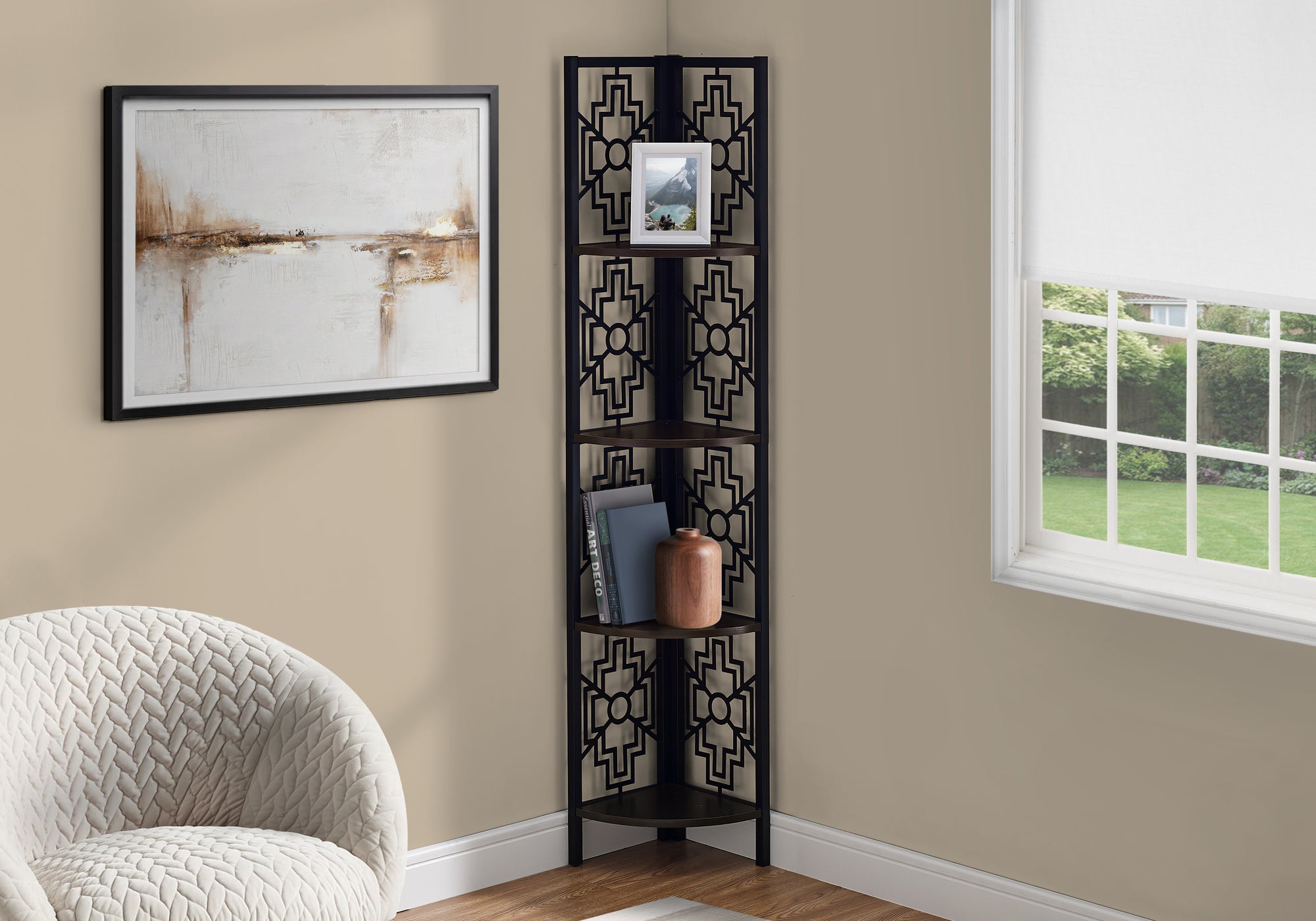BOOKCASE - 62""H / ESPRESSO / BLACK METAL CORNER ETAGERE