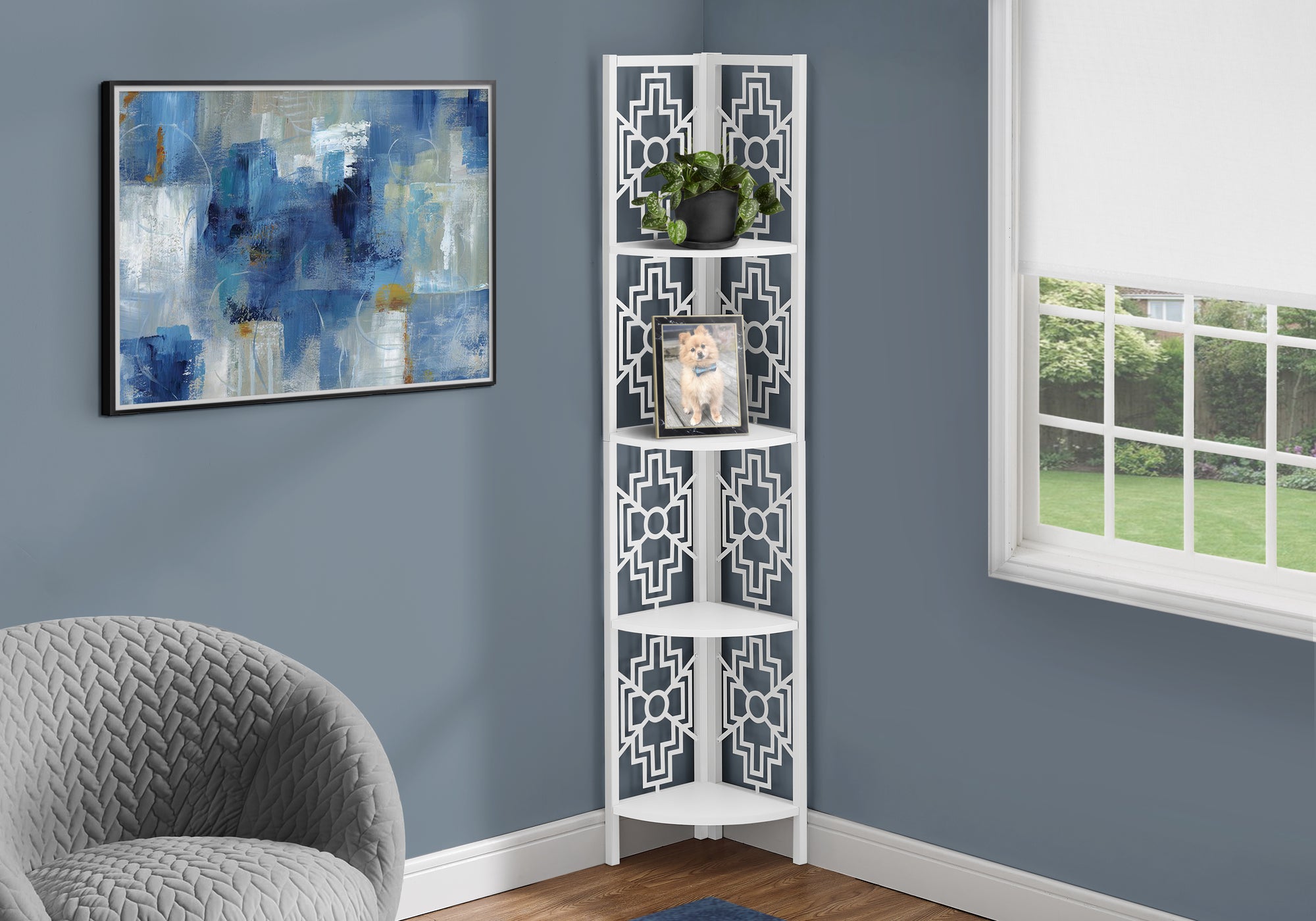 BOOKCASE - 62""H / WHITE / WHITE METAL CORNER ETAGERE