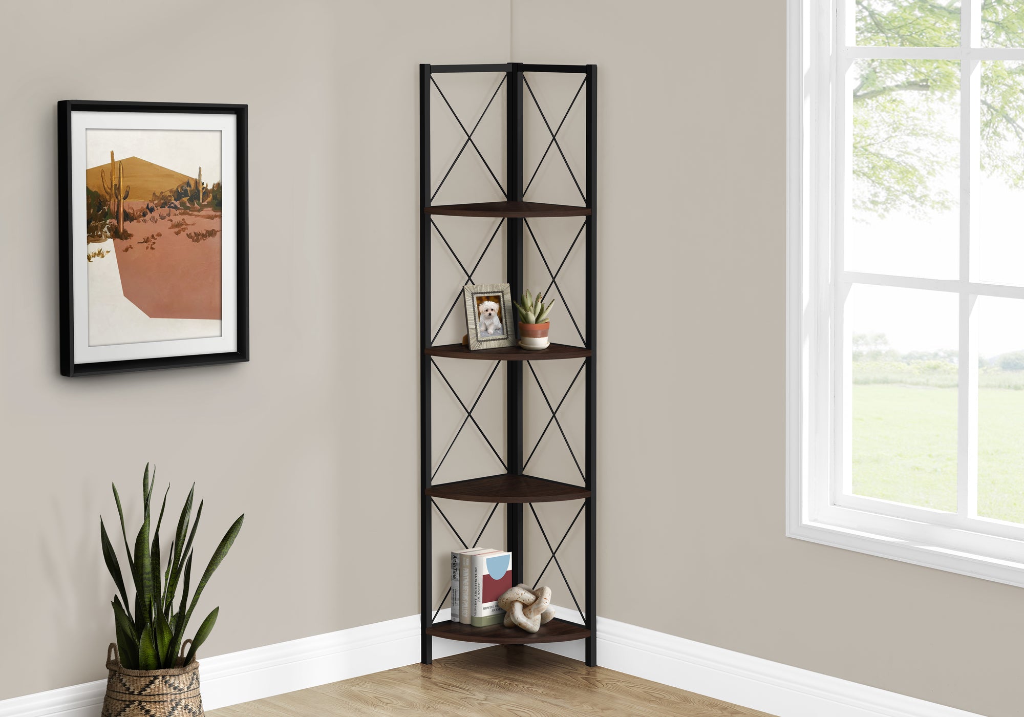 BOOKCASE - 60""H / ESPRESSO / BLACK METAL CORNER ETAGERE