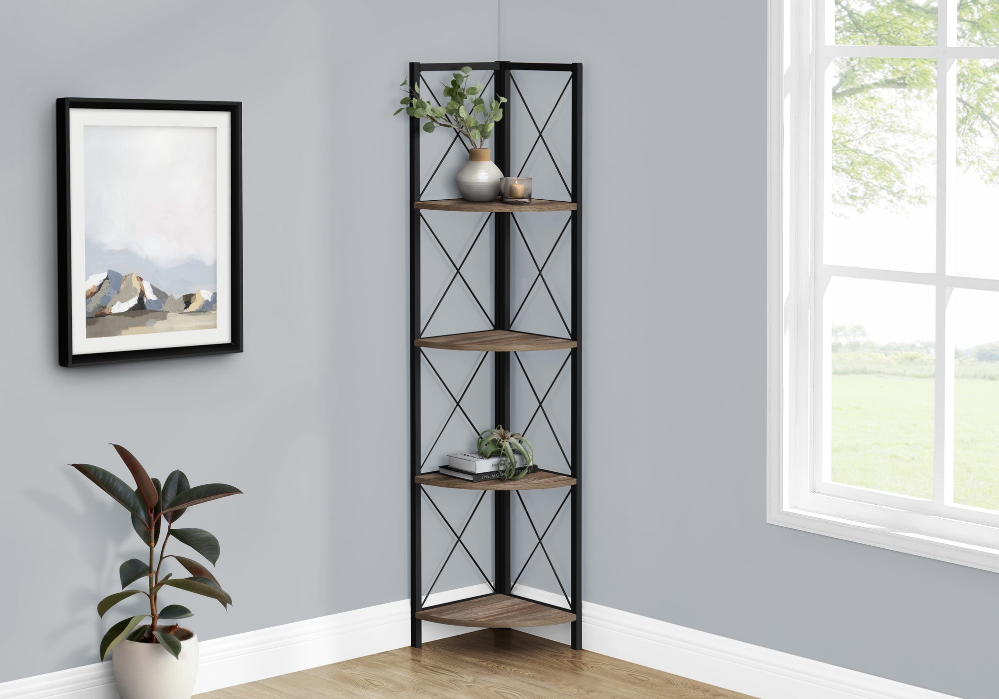 BOOKCASE - 60""H / BROWN RECLAIMED / BLACK METAL CORNER