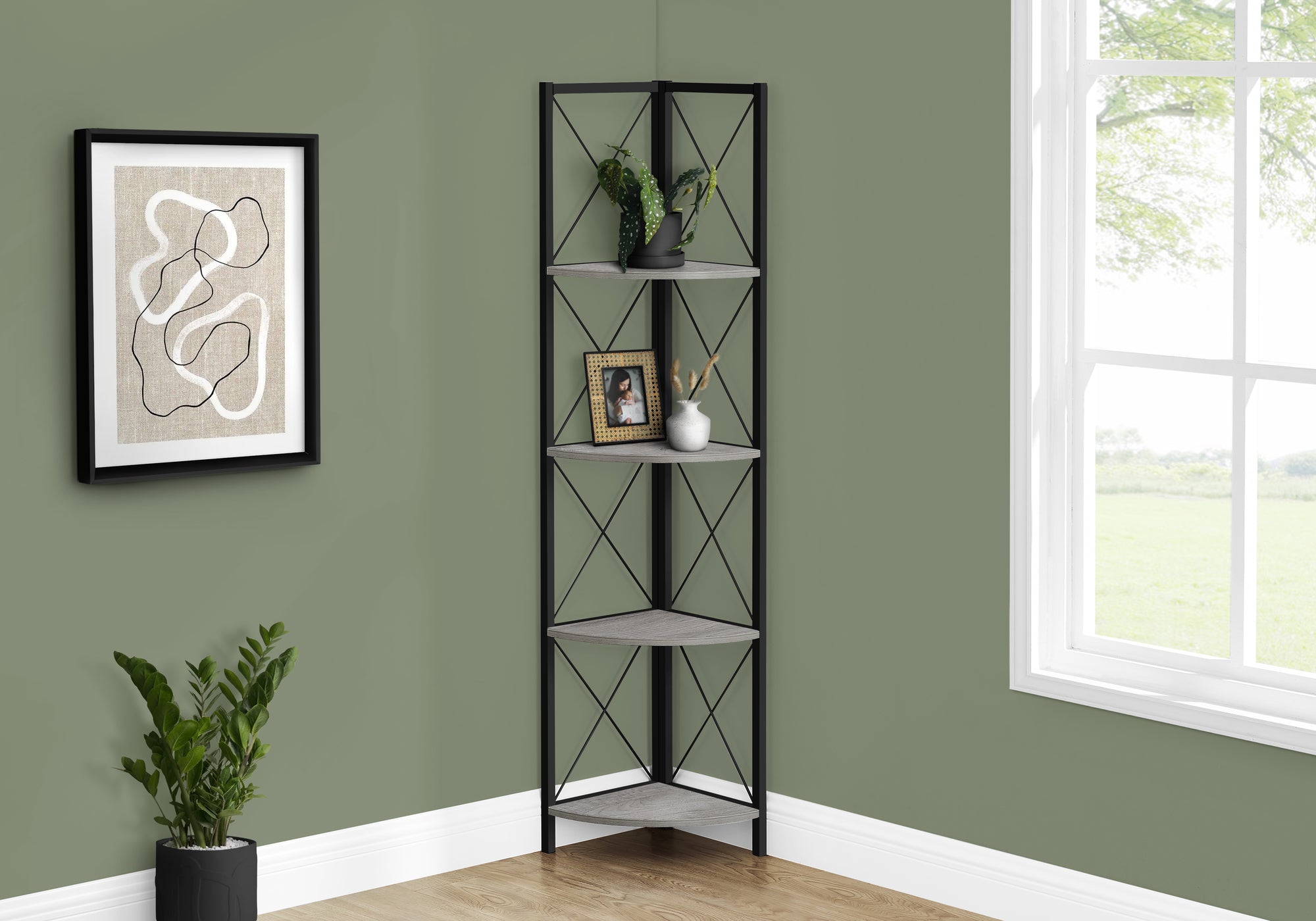 BOOKCASE - 60""H / GREY / BLACK METAL CORNER ETAGERE