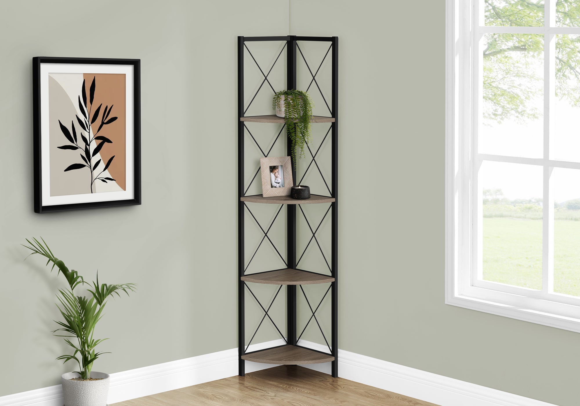 BOOKCASE - 60""H / DARK TAUPE / BLACK METAL CORNER ETAGERE