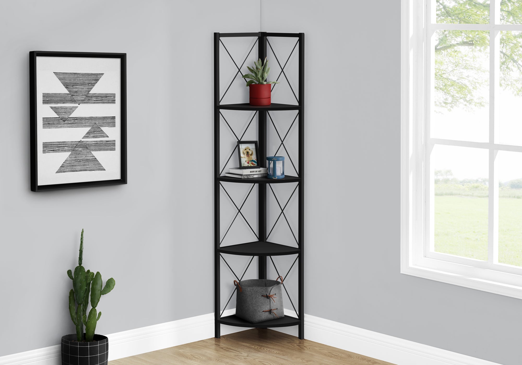 BOOKCASE - 60""H / BLACK / BLACK METAL CORNER ETAGERE