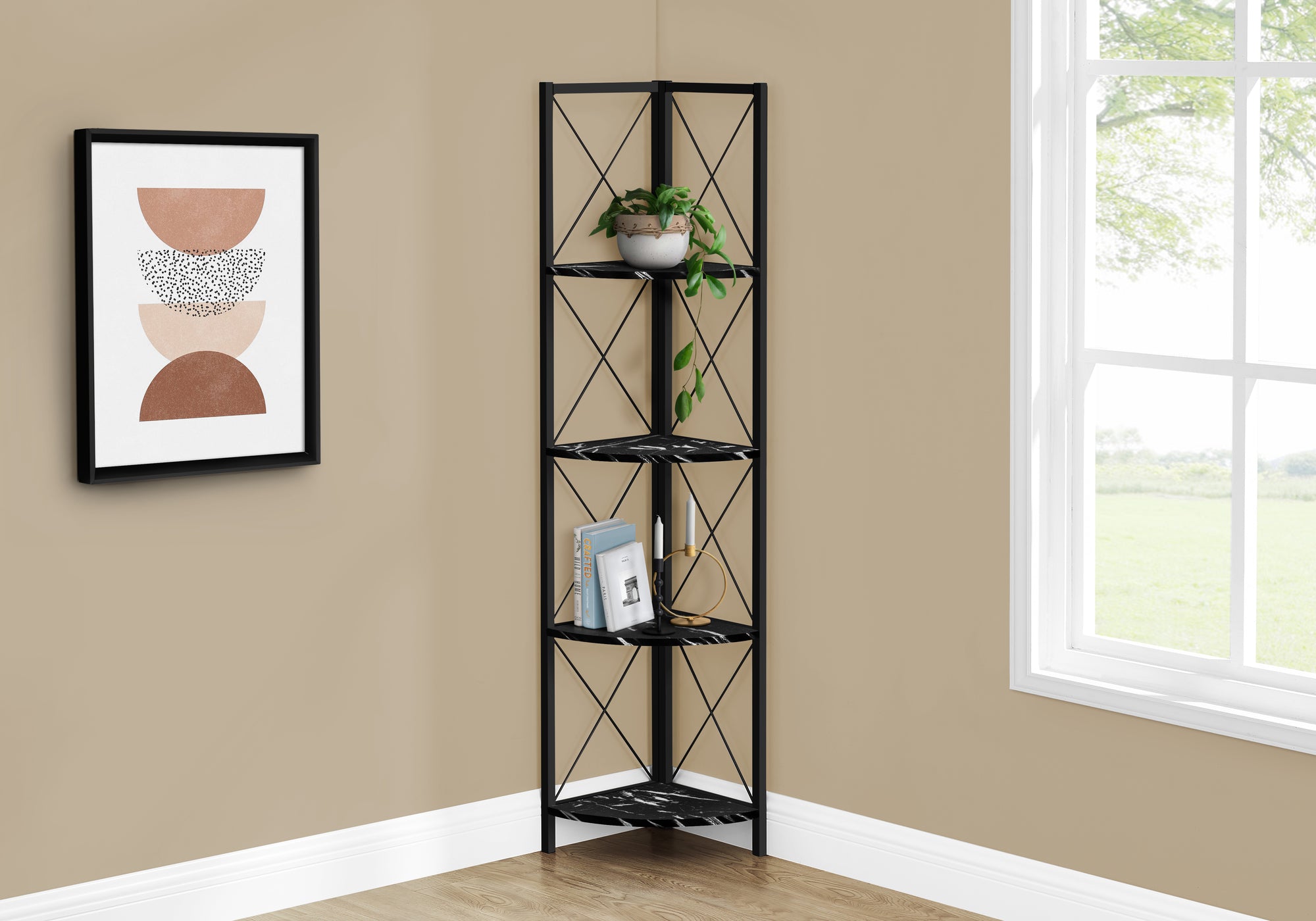 BOOKCASE - 60""H / BLACK MARBLE / BLACK METAL CORNER