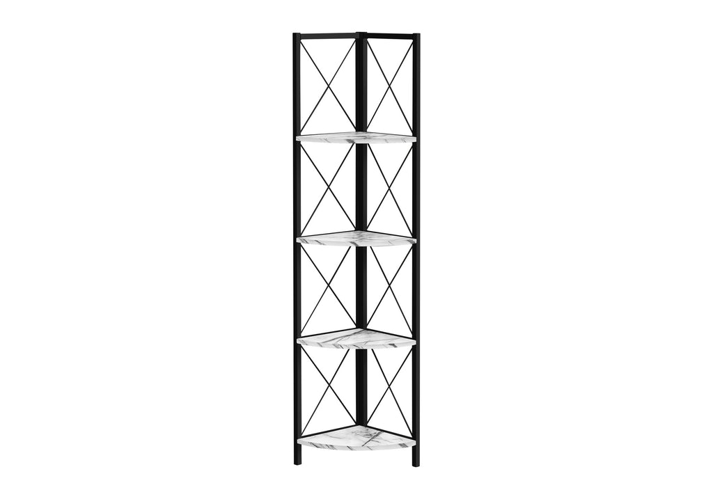 BOOKCASE - 60""H / WHITE MARBLE / BLACK METAL CORNER