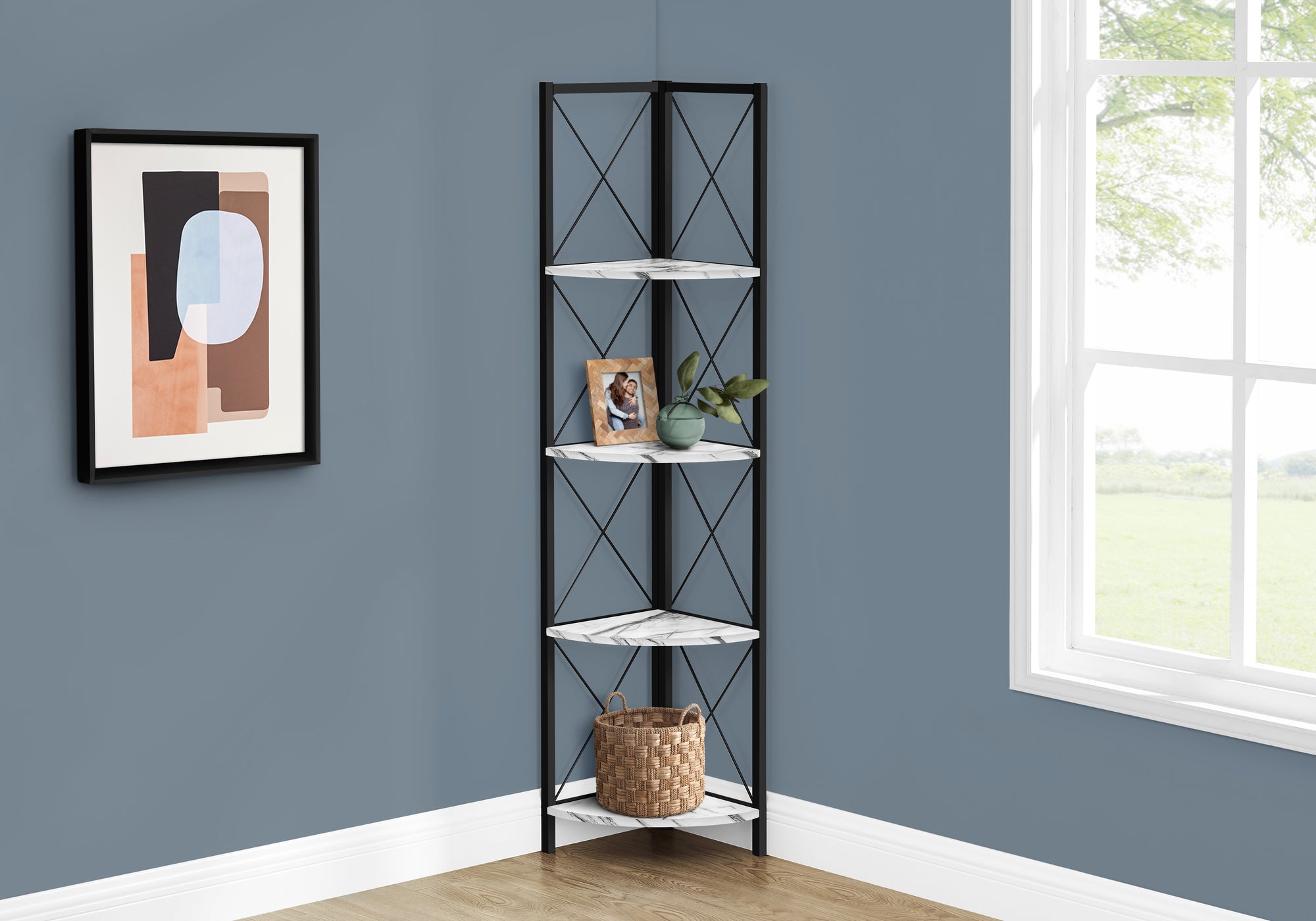 BOOKCASE - 60""H / WHITE MARBLE / BLACK METAL CORNER