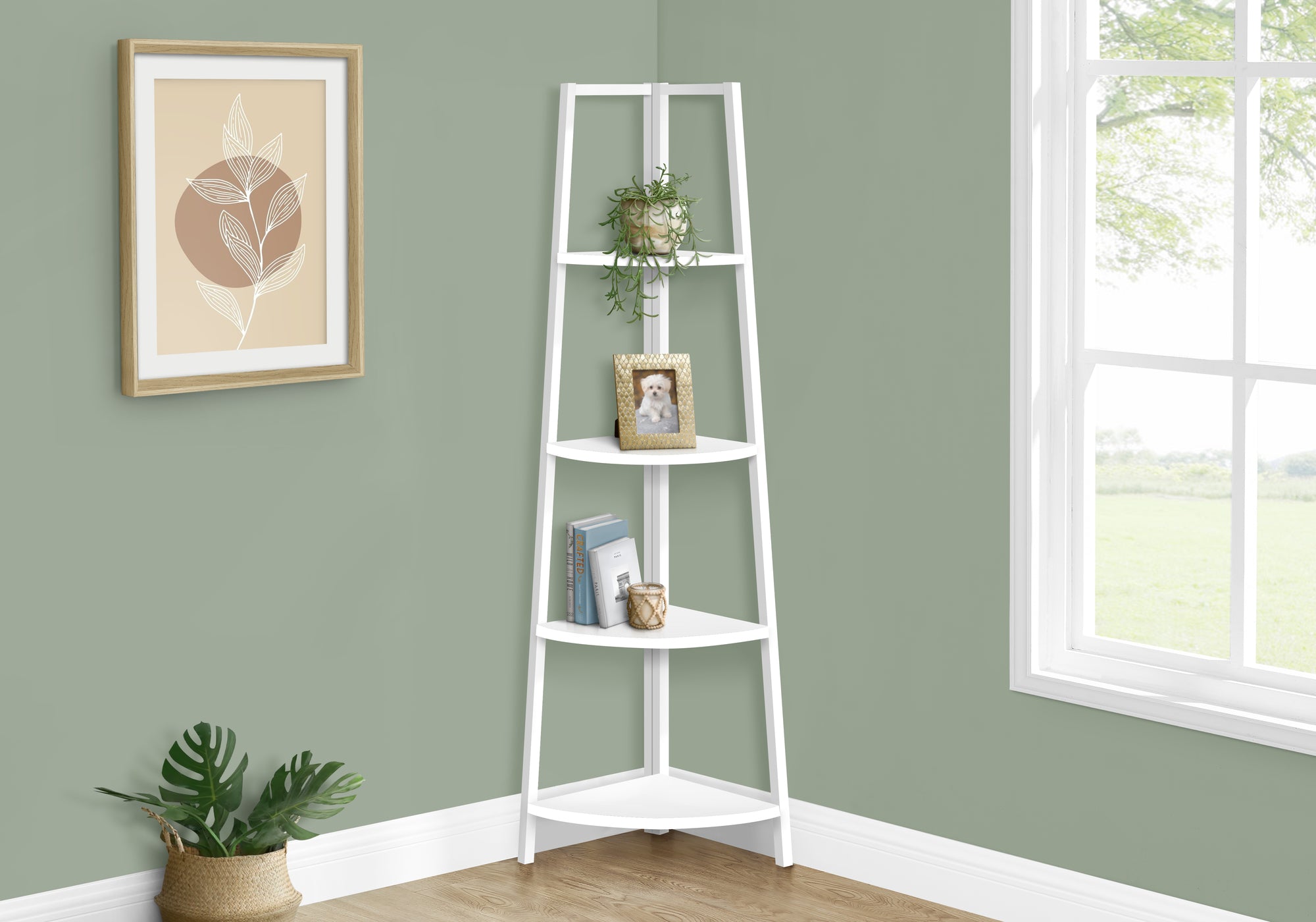 BOOKCASE - 60""H / WHITE / WHITE METAL CORNER ETAGERE