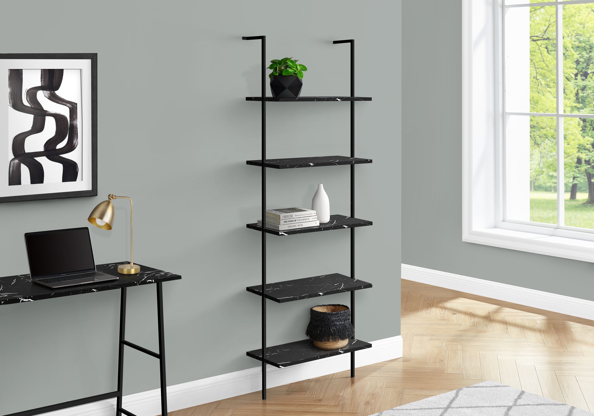 BOOKCASE - 72""H LADDER BLACK MARBLE / BLACK METAL