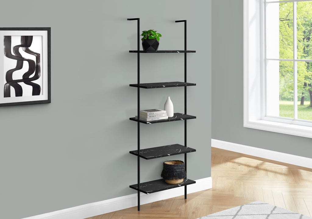 BOOKCASE - 72""H LADDER BLACK MARBLE / BLACK METAL