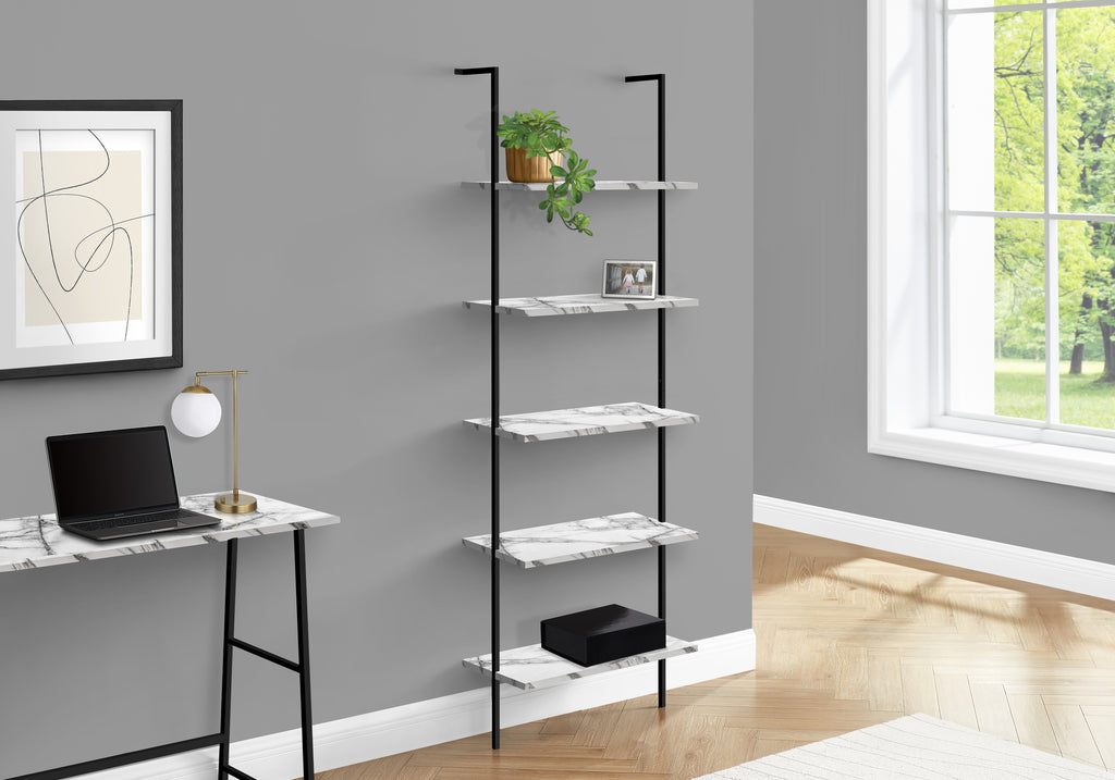 BOOKCASE - 72""H LADDER WHITE MARBLE / BLACK METAL