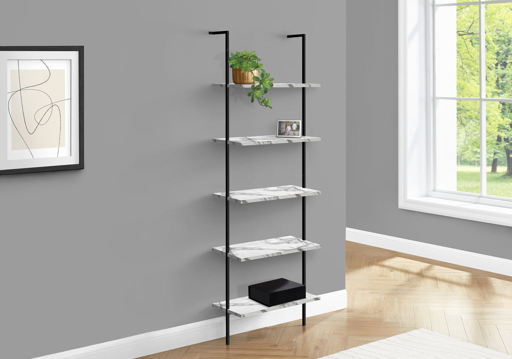 BOOKCASE - 72""H LADDER WHITE MARBLE / BLACK METAL
