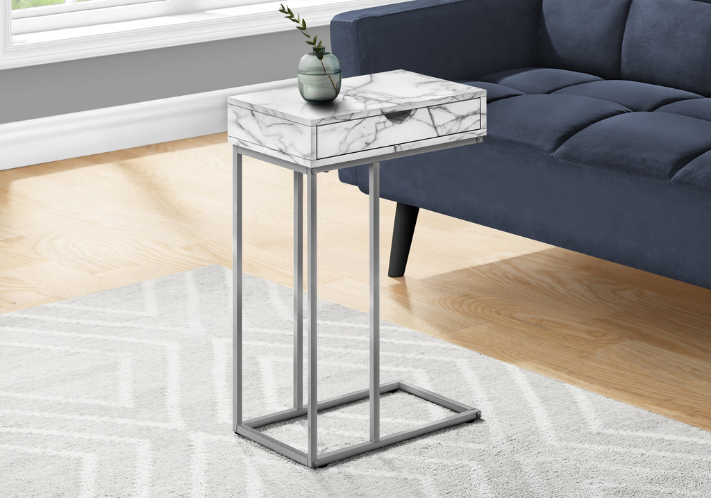 ACCENT TABLE - 25""H / WHITE MARBLE / SILVER METAL