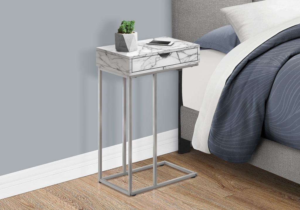 ACCENT TABLE - 25""H / WHITE MARBLE / SILVER METAL