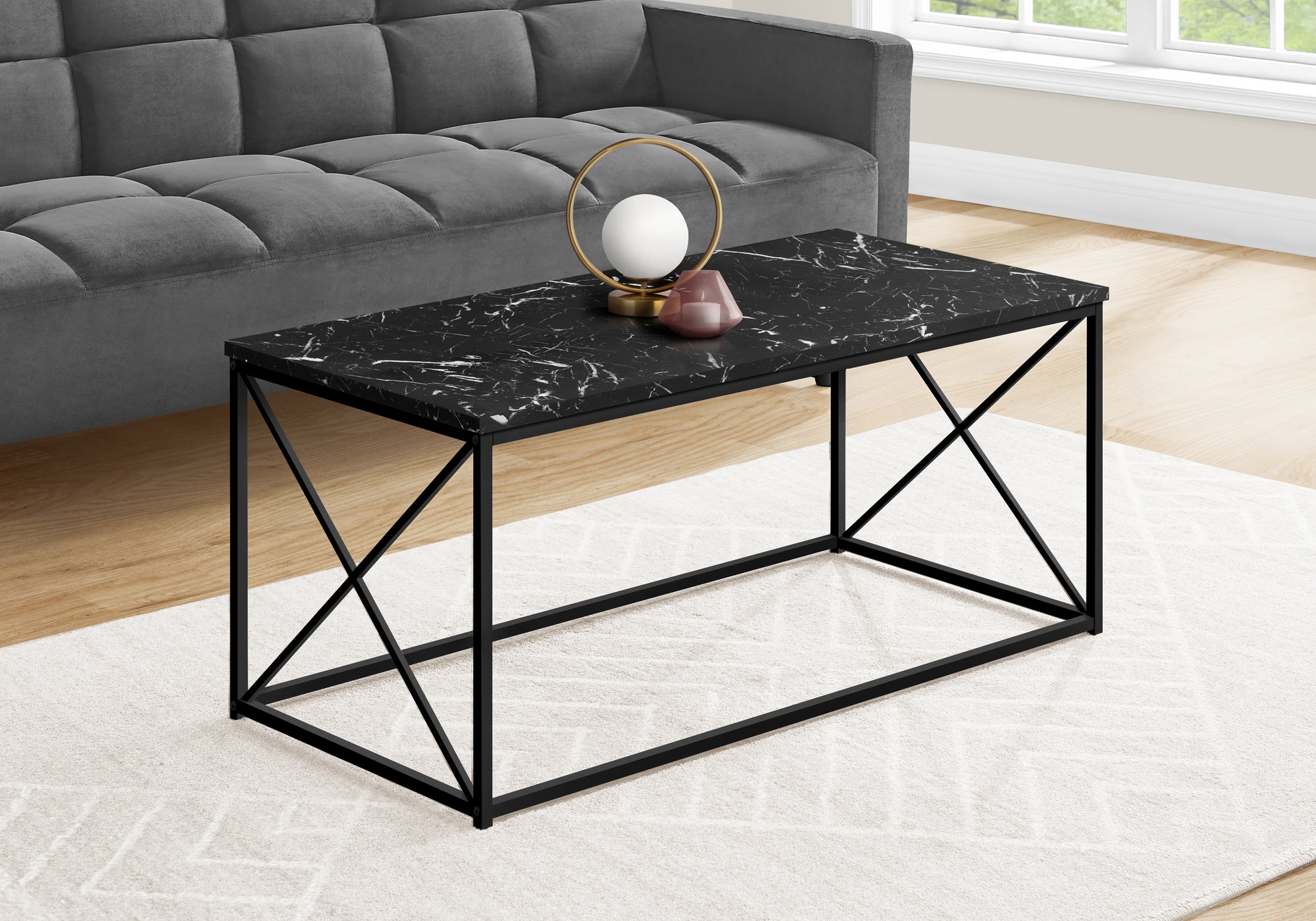 COFFEE TABLE - 40""L / BLACK MARBLE / BLACK METAL