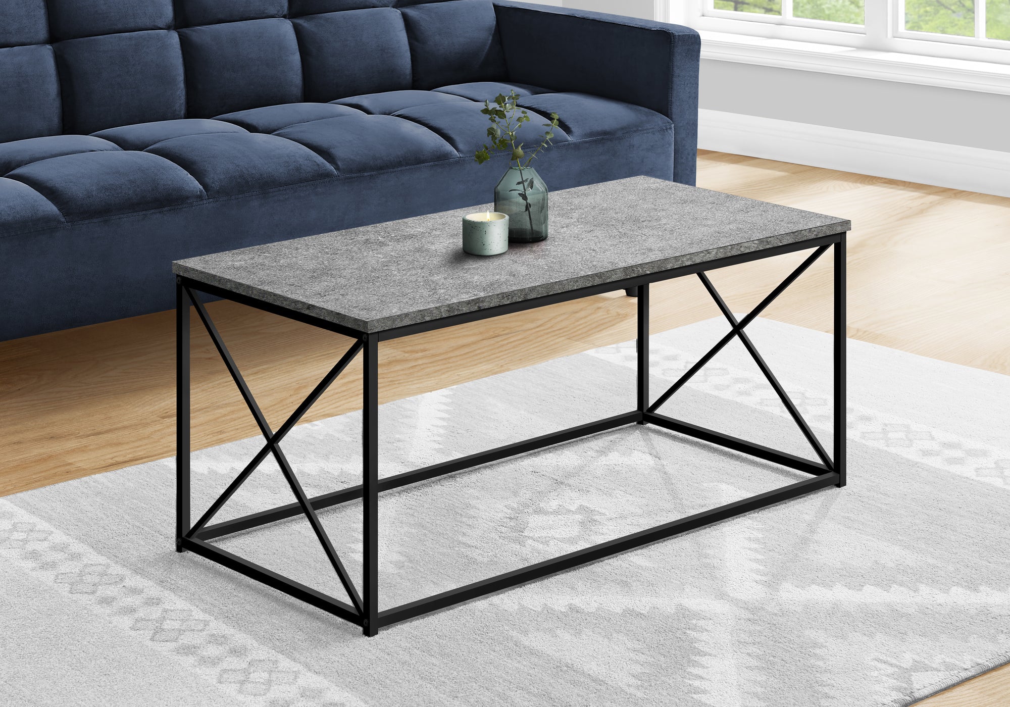 COFFEE TABLE - 40""L / GREY STONE-LOOK / BLACK METAL
