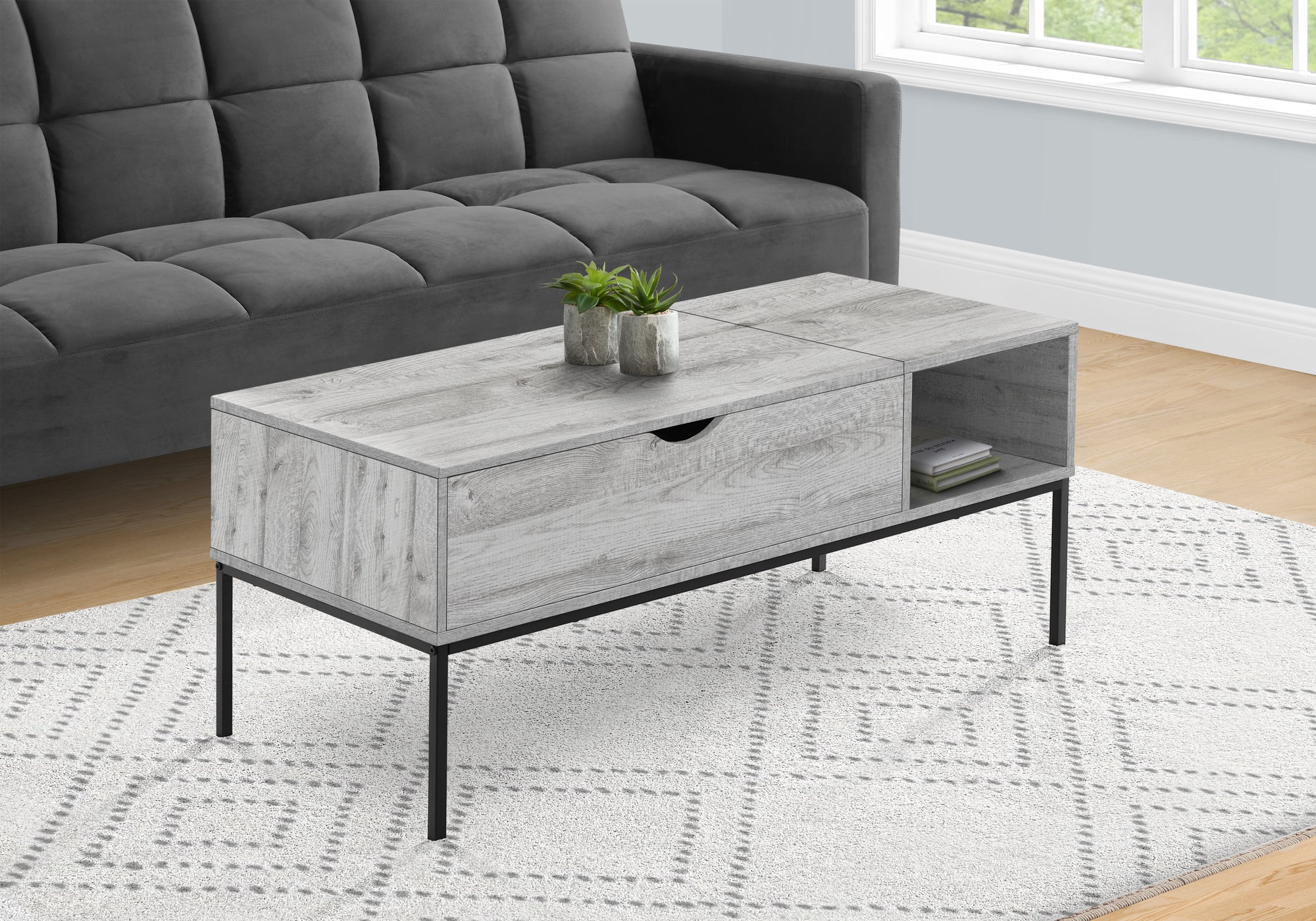 COFFEE TABLE - 42""L / LIFT-TOP GREY / BLACK METAL