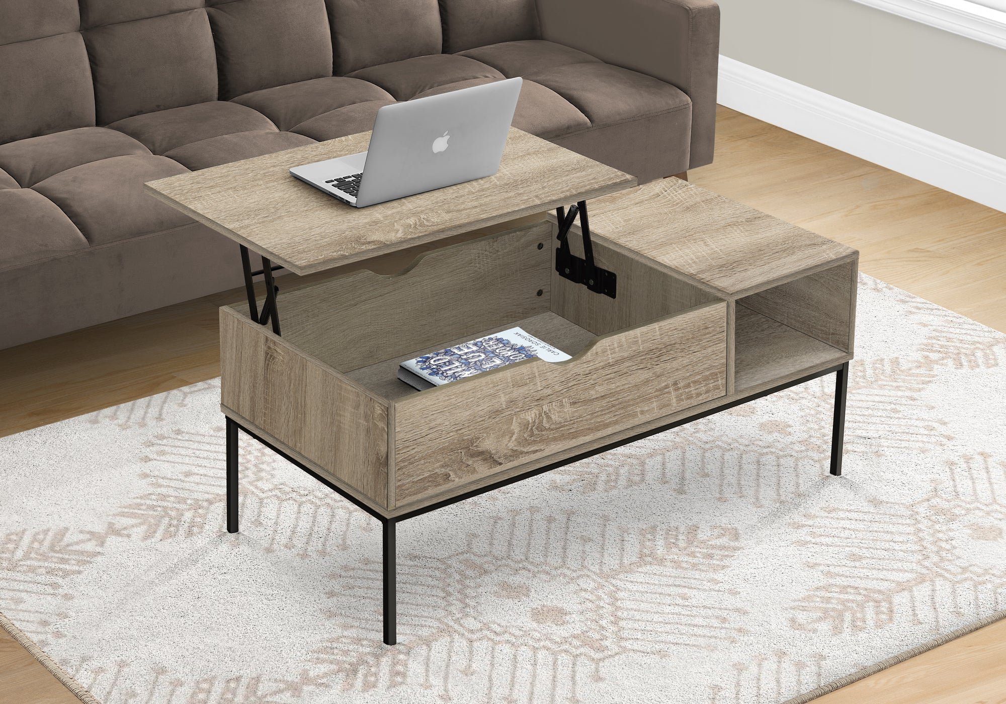 COFFEE TABLE - 42""L / LIFT-TOP DARK TAUPE / BLACK METAL