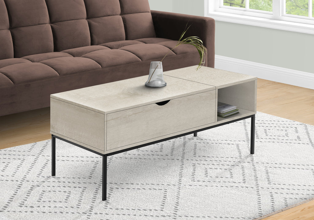 COFFEE TABLE - 42""L / LIFT-TOP WASHED OAK / BLACK METAL