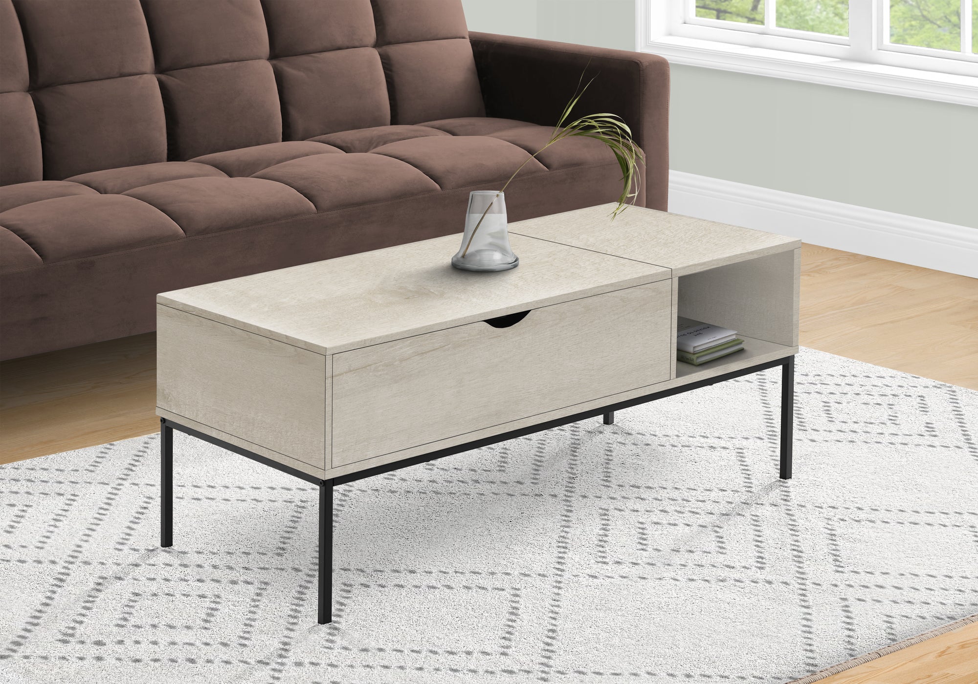 COFFEE TABLE - 42""L / LIFT-TOP WASHED OAK / BLACK METAL