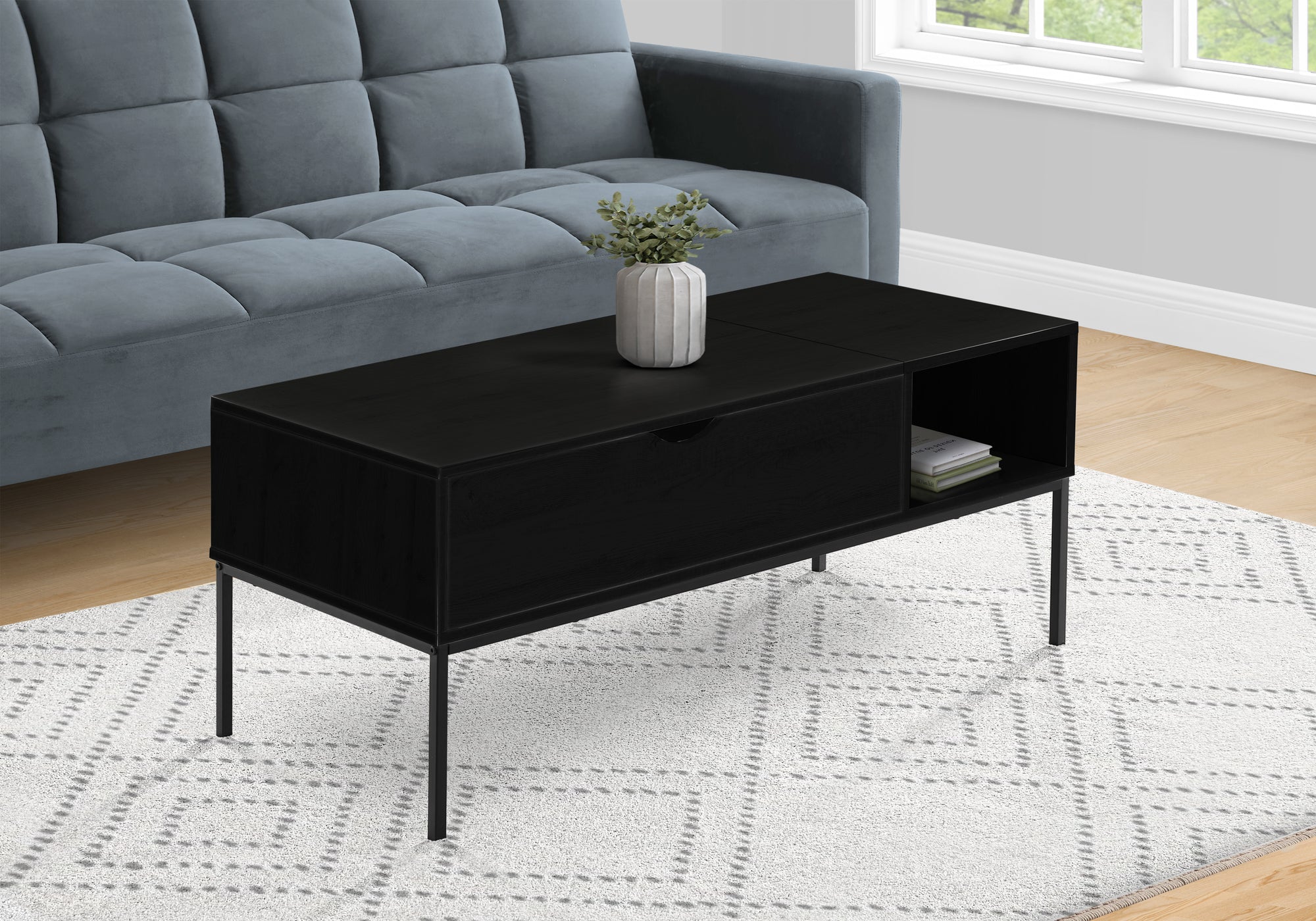 COFFEE TABLE - 42""L / LIFT-TOP BLACK / BLACK METAL