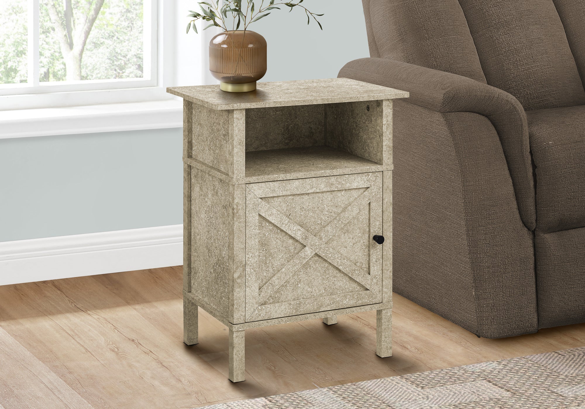ACCENT TABLE - 24""H / CREAM STONE / BLACK METAL