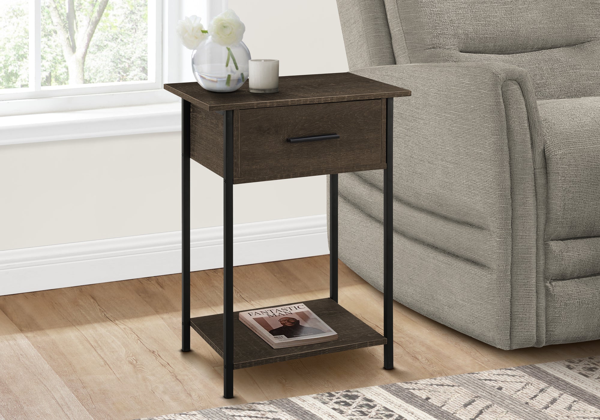 ACCENT TABLE - 24""H / DARK OAK / BLACK METAL