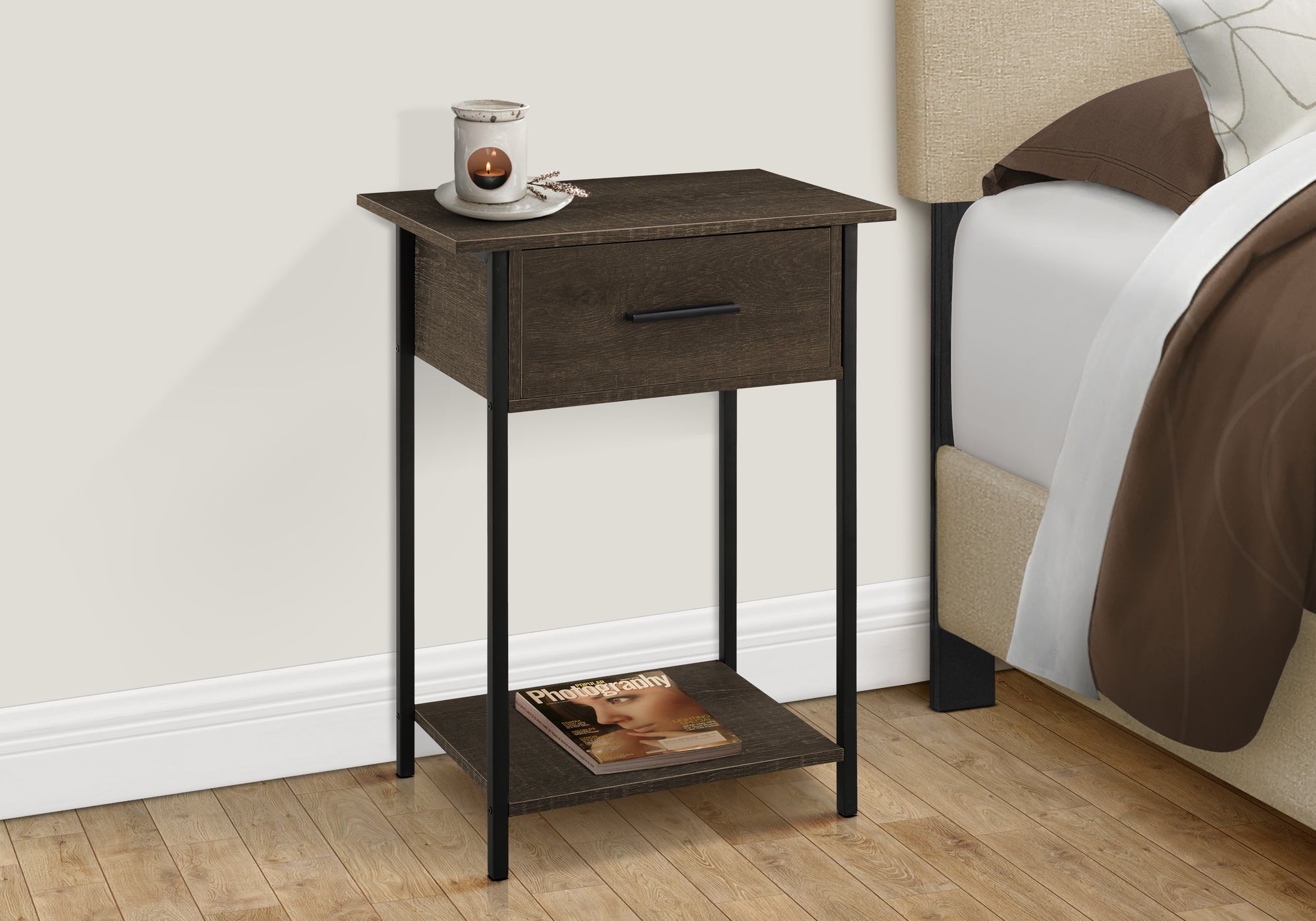 ACCENT TABLE - 24""H / DARK OAK / BLACK METAL