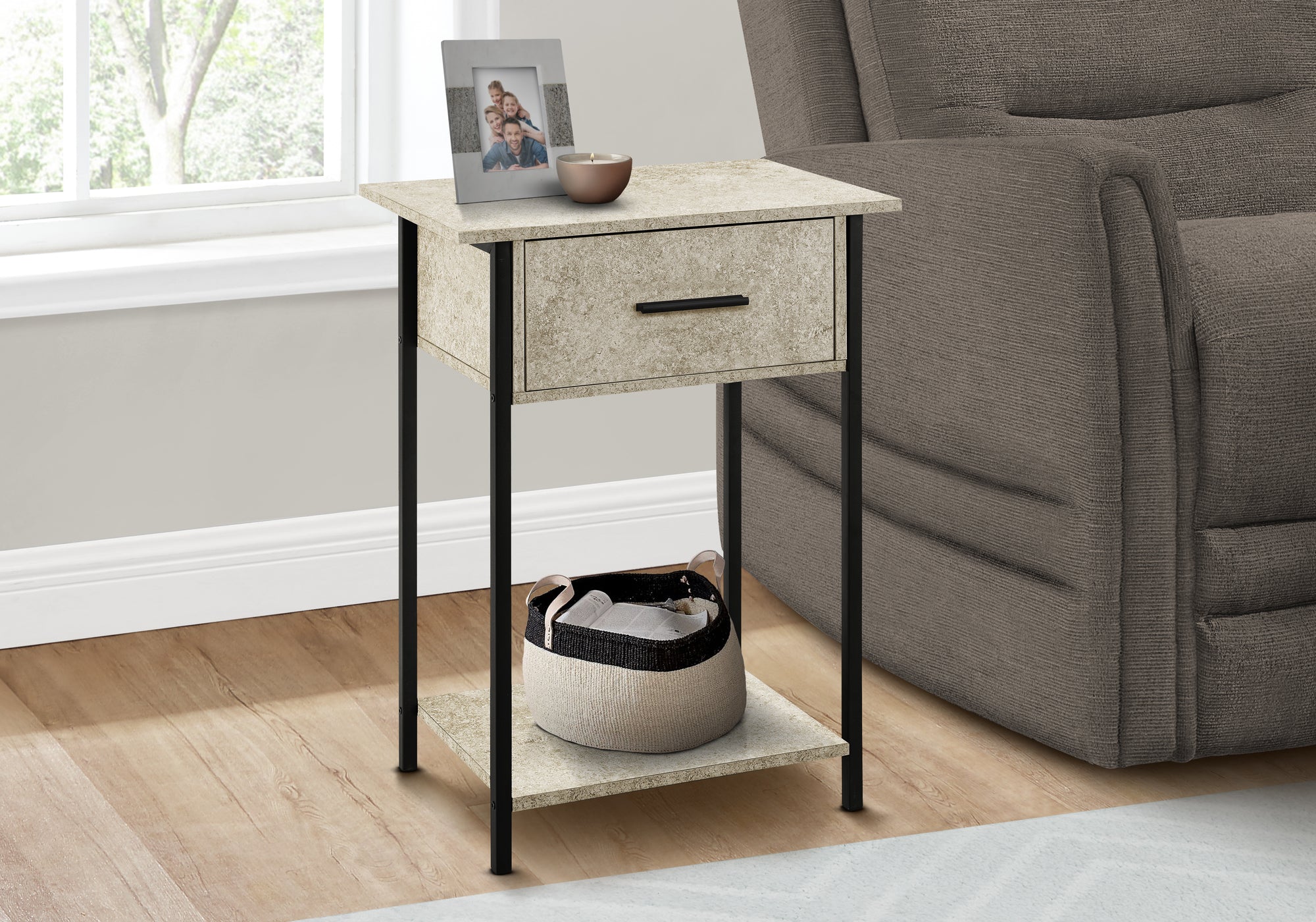 ACCENT TABLE - 24""H / CREAM STONE / BLACK METAL