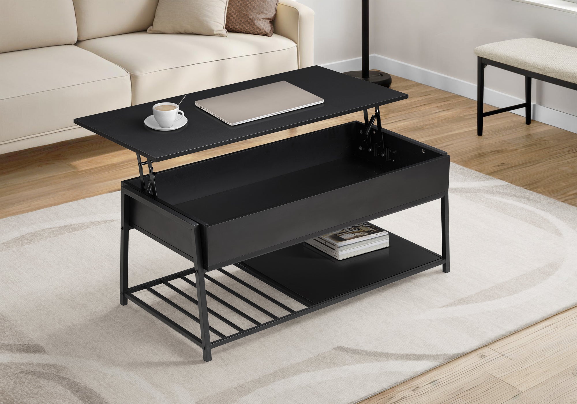 COFFEE TABLE - 42""L / LIFT-TOP BLACK / BLACK METAL