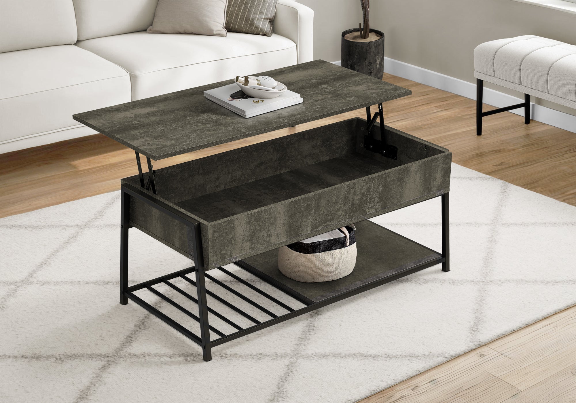 COFFEE TABLE - 42""L / LIFT-TOP DARK BRONZE / BLACK METAL