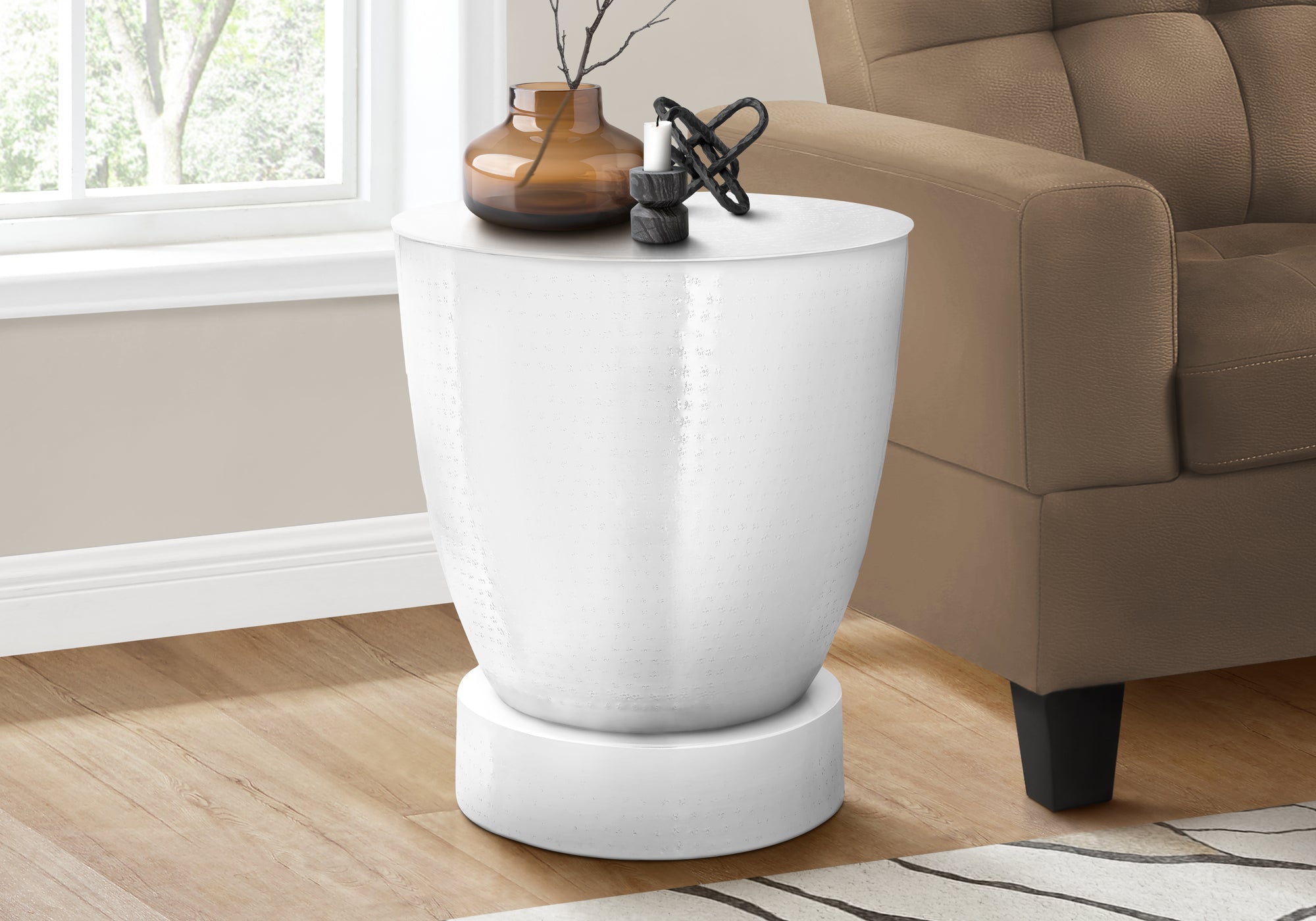 ACCENT TABLE - 22""H / WHITE TEXTURED IRON METAL DRUM END