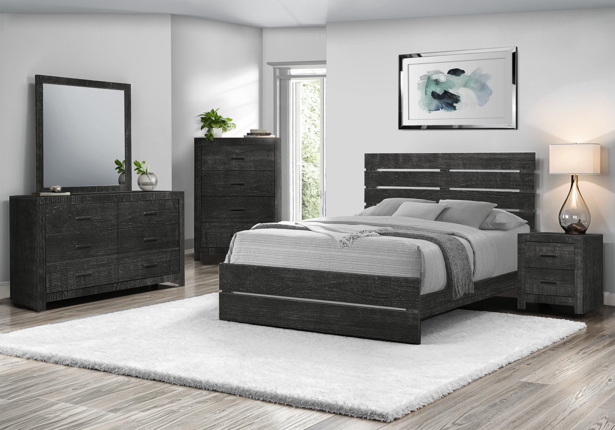 BED FRAME - QUEEN SIZE BED / GRAPHITE GREY WOOD FINISH
